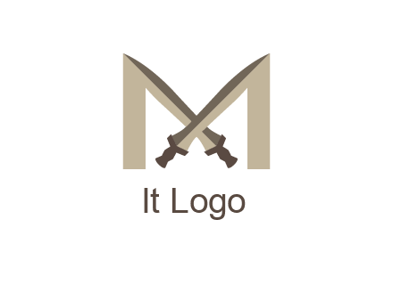two cross swords between letter M logo