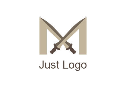 two cross swords between letter M logo