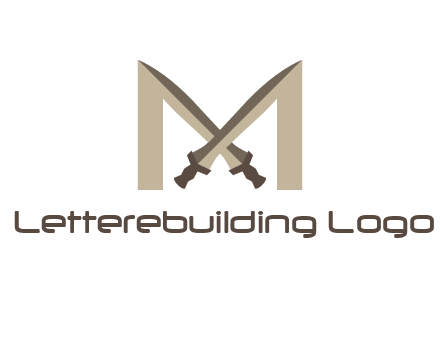 two cross swords between letter M logo