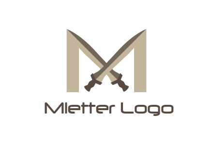 two cross swords between letter M logo