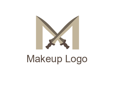 two cross swords between letter M logo