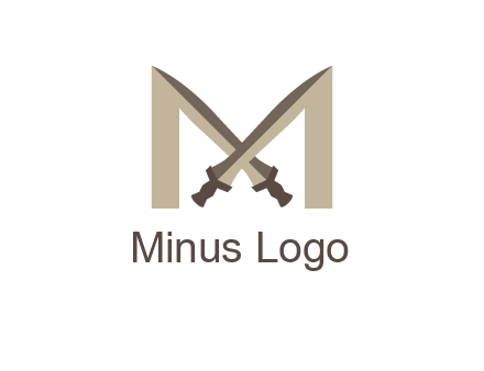 two cross swords between letter M logo