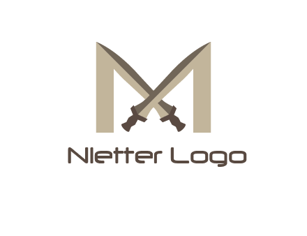 two cross swords between letter M logo