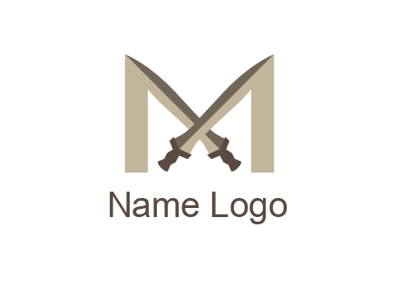 two cross swords between letter M logo