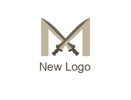 two cross swords between letter M logo
