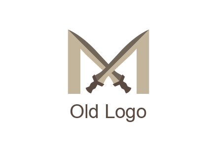 two cross swords between letter M logo