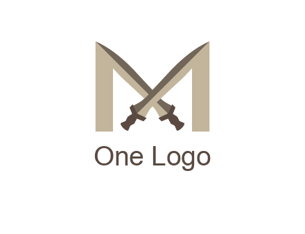 two cross swords between letter M logo