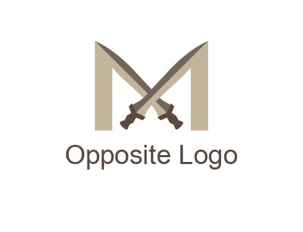 two cross swords between letter M logo