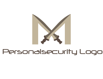 two cross swords between letter M logo