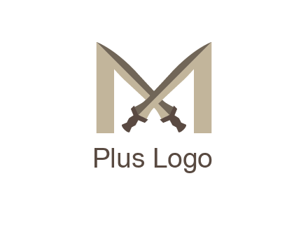 two cross swords between letter M logo