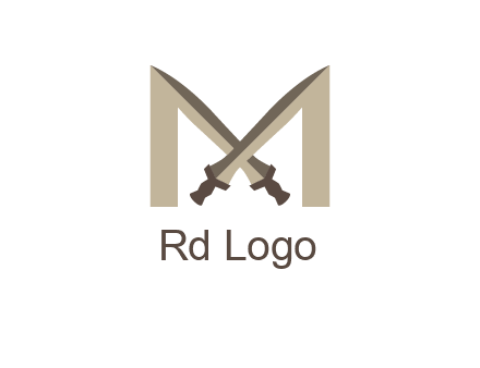two cross swords between letter M logo