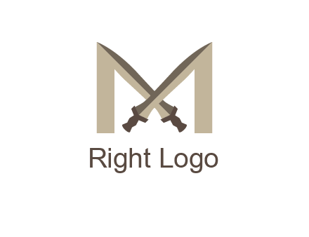two cross swords between letter M logo