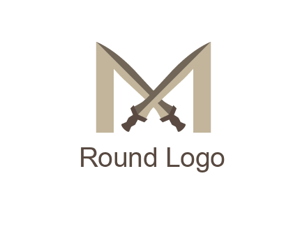 two cross swords between letter M logo