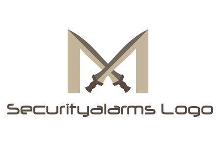 two cross swords between letter M logo