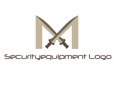 two cross swords between letter M logo