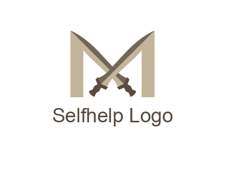 two cross swords between letter M logo