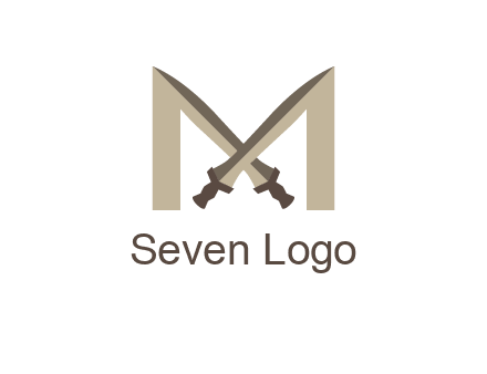 two cross swords between letter M logo