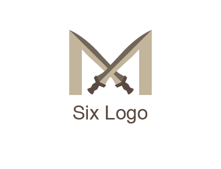 two cross swords between letter M logo