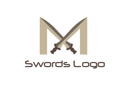 two cross swords between letter M logo