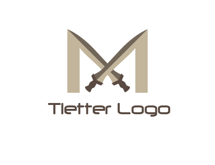 two cross swords between letter M logo