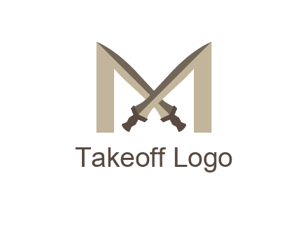 two cross swords between letter M logo