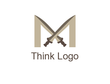 two cross swords between letter M logo