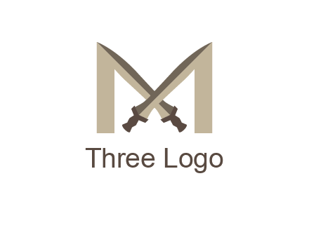 two cross swords between letter M logo