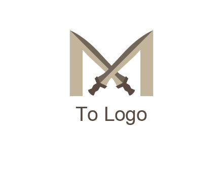 two cross swords between letter M logo