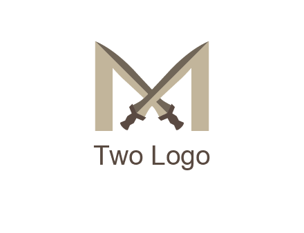 two cross swords between letter M logo