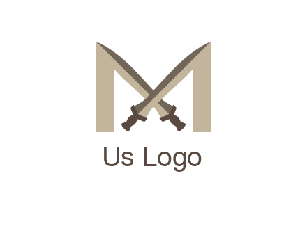 two cross swords between letter M logo