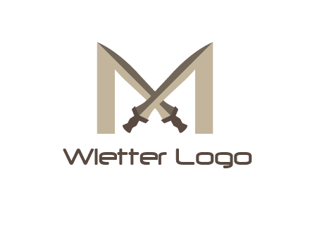 two cross swords between letter M logo
