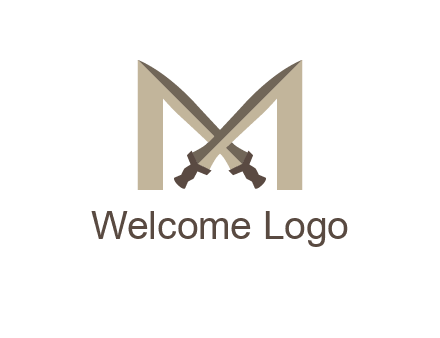 two cross swords between letter M logo