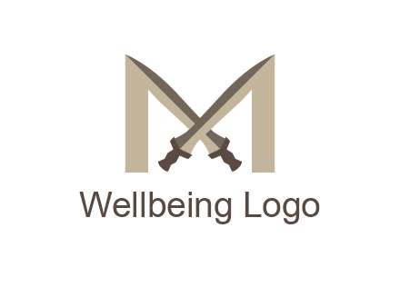 two cross swords between letter M logo