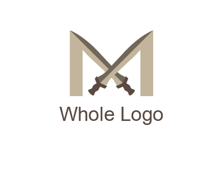 two cross swords between letter M logo