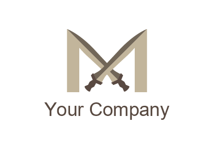 two cross swords between letter M logo