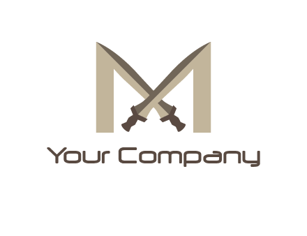 two cross swords between letter M logo