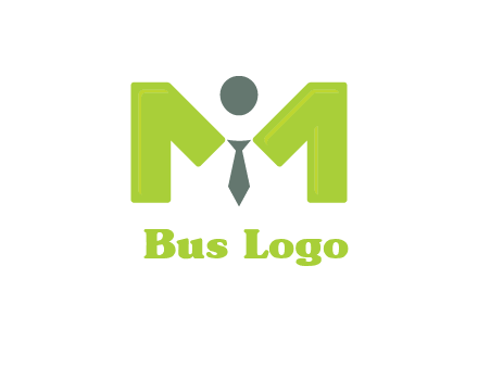 person with tie between letter M logo