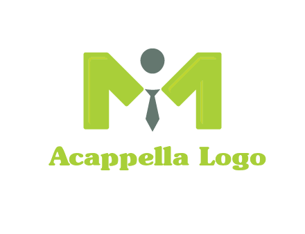 person with tie between letter M logo