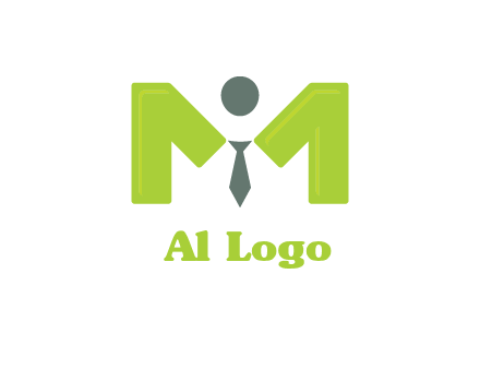 person with tie between letter M logo