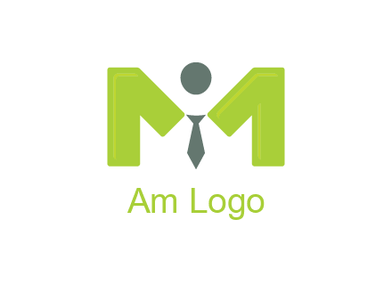 person with tie between letter M logo