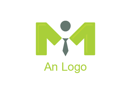 person with tie between letter M logo