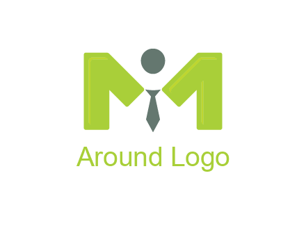 person with tie between letter M logo
