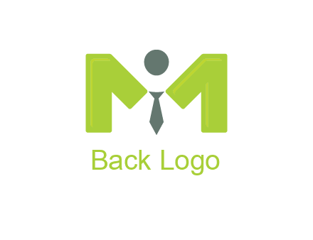 person with tie between letter M logo