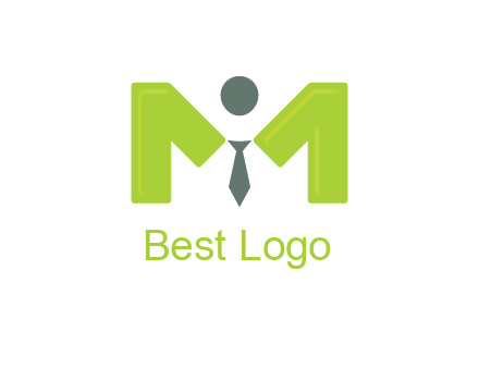 person with tie between letter M logo