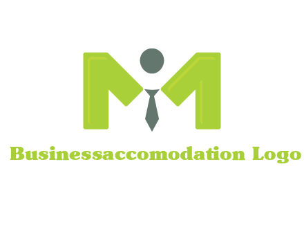person with tie between letter M logo
