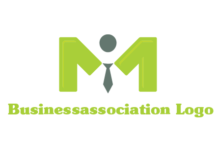 person with tie between letter M logo