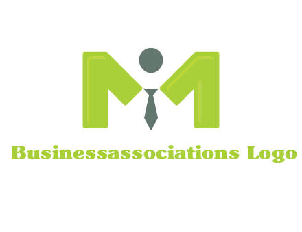 person with tie between letter M logo