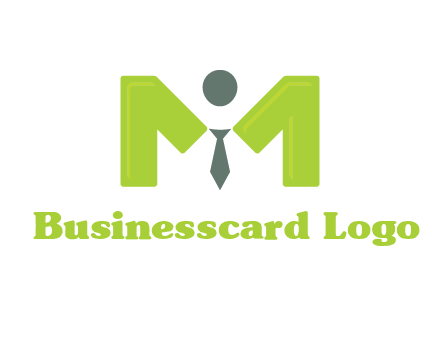 person with tie between letter M logo
