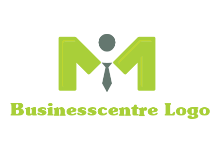 person with tie between letter M logo