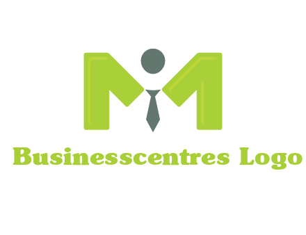 person with tie between letter M logo